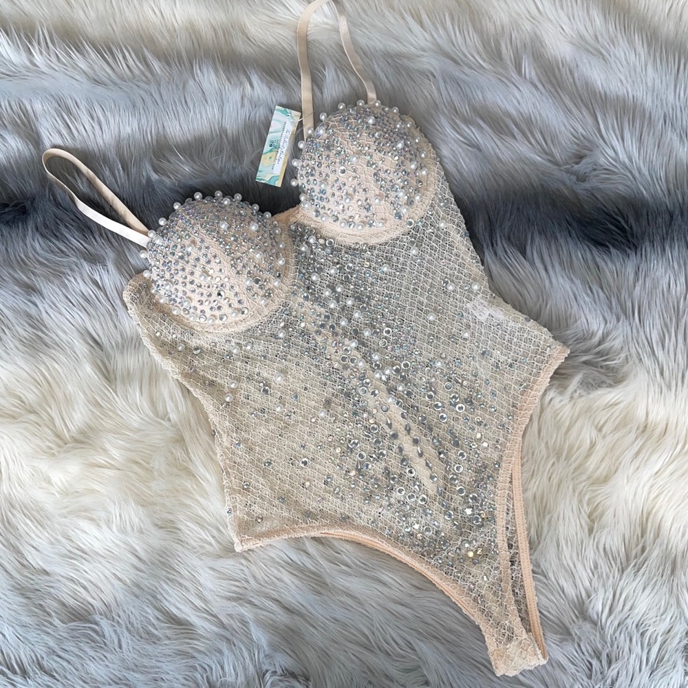 NWT Rhinestone Bodysuit w/ Pearls & Stones, Size S